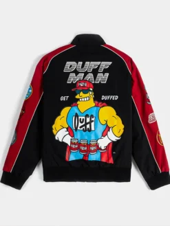 Back view of The Simpsons x Shoe Palace Duff Man Black and Red Racing Bomber Jacket