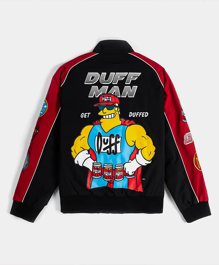 Back view of The Simpsons x Shoe Palace Duff Man Black and Red Racing Bomber Jacket