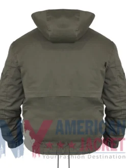 Back view of Vow of The Disciple Olive Green Raid Jacket with removable hood