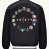 Back view of WNBA 30th Anniversary Black Satin Varsity Jacket with rib-knit collar and cuffs