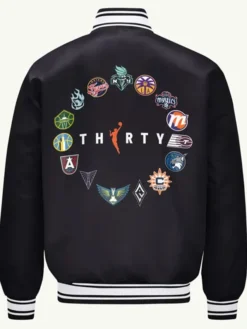 Back view of WNBA 30th Anniversary Black Satin Varsity Jacket with rib-knit collar and cuffs