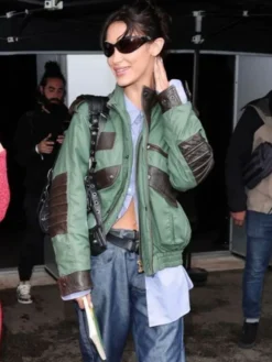 Bella Hadid Balenciaga Show Green Bomber Jacket front view