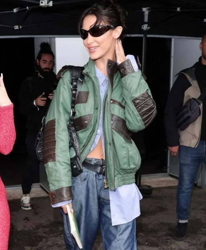 Bella Hadid Balenciaga Show Green Bomber Jacket front view