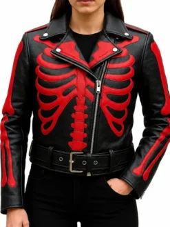 Black Leather Red Bones Skeleton Jacket
