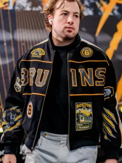 Boston Bruins Charlie McAvoy Black Bomber Jacket Front View