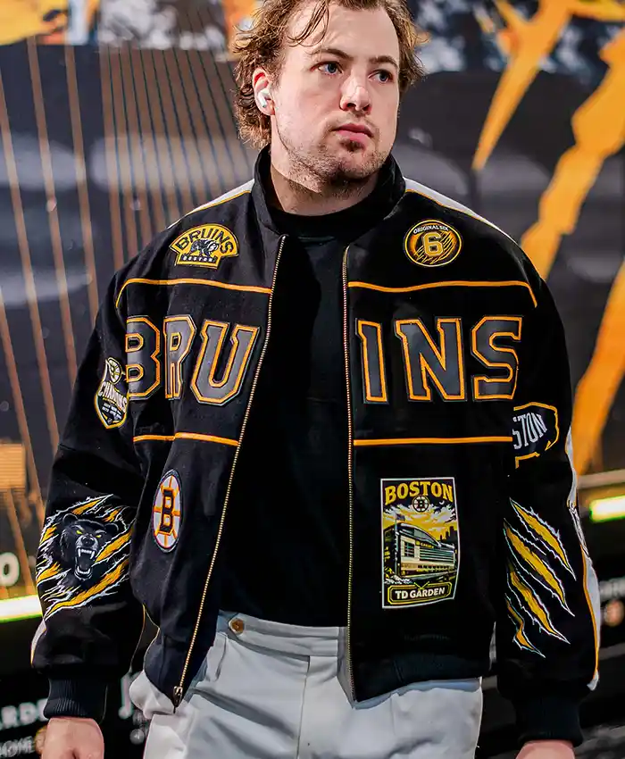 Boston Bruins Charlie McAvoy Black Bomber Jacket Front View