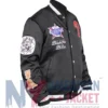 Boyz II Men Black Satin Varsity Jacket featuring rib-knitted collar, cuffs, and snap-tab button closure