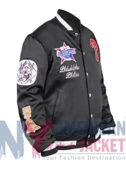 Boyz II Men Black Satin Varsity Jacket featuring rib-knitted collar, cuffs, and snap-tab button closure