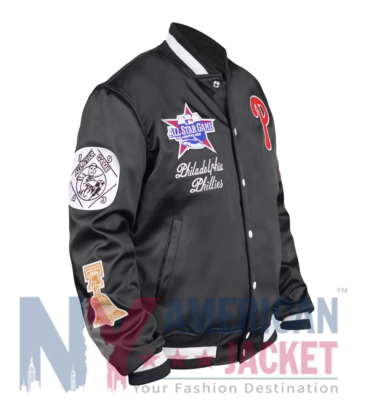 Boyz II Men Black Satin Varsity Jacket featuring rib-knitted collar, cuffs, and snap-tab button closure
