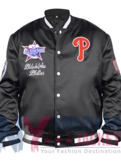 Boyz II Men MLB All-Star Game 2026 Black Satin Jacket front view with varsity design