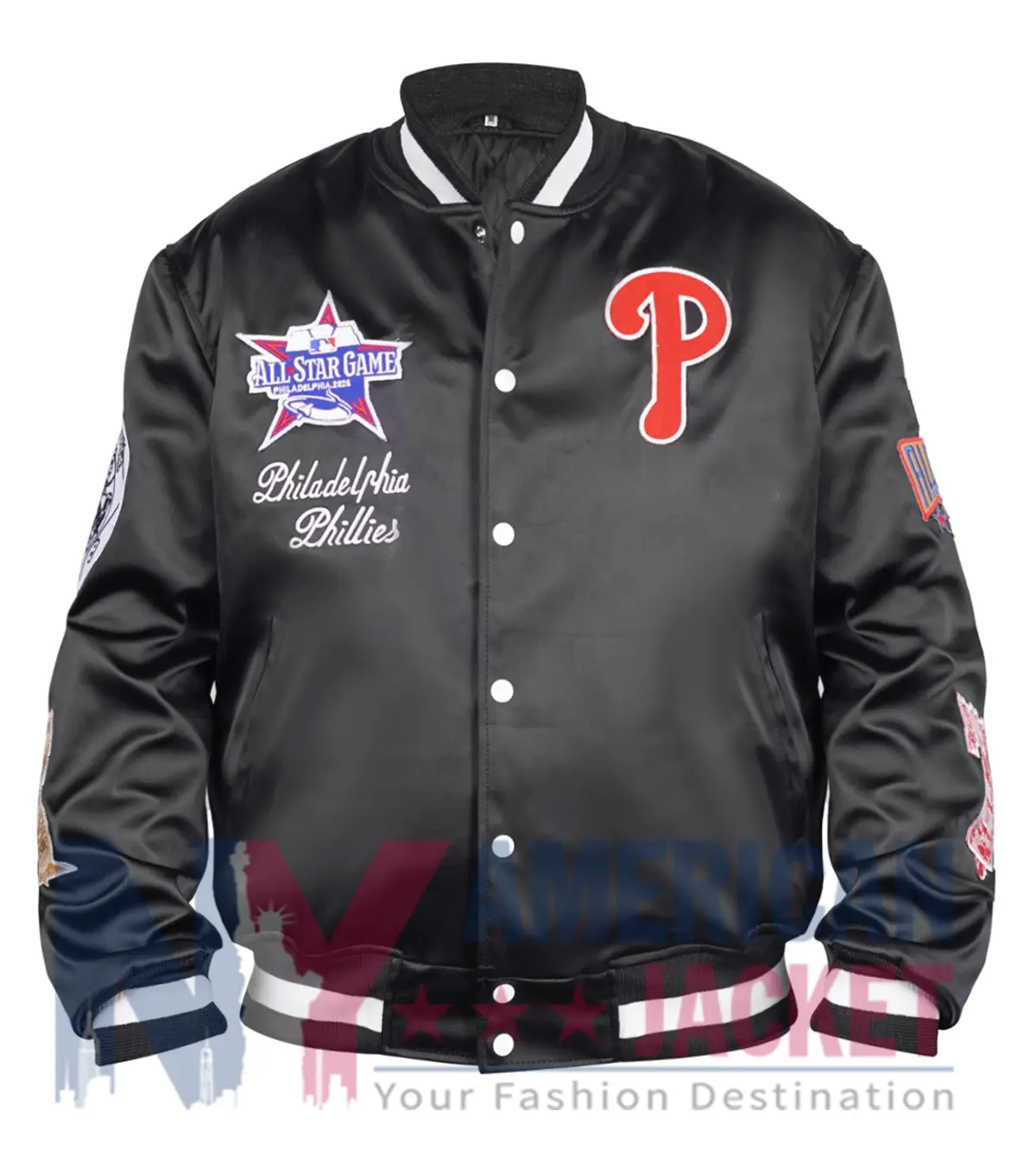 Boyz II Men MLB All-Star Game 2026 Black Satin Jacket front view with varsity design