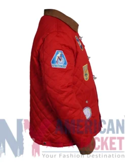 Brandi Carlile Red Quilted Jacket featuring classic collar, buttoned cuffs, and toggle closure