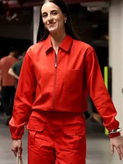 Caitlin Clark WNBA All-Star 2026 Red Utility Worker Jacket with classic collar and YKK zipper closure
