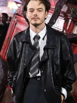 Charlie Heaton TV-Series Stranger Things S05 UK Special Screening Black Leather Jacket front view