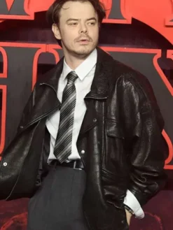 Close Up of Charlie Heaton Stranger Things S05 UK Special Screening Black Leather Jacket