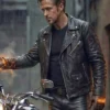 Close Up of Ghost Rider Ryan Gosling Black Biker Leather Jacket