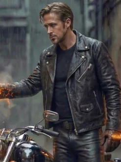 Close Up of Ghost Rider Ryan Gosling Black Biker Leather Jacket