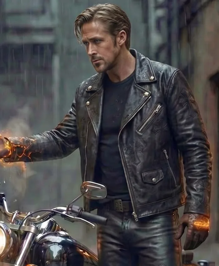 Close Up of Ghost Rider Ryan Gosling Black Biker Leather Jacket