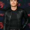 Close Up of Joe Keery Stranger Things S05 Premiere Black Leather Jacket