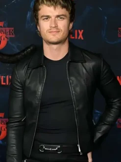 Close Up of Joe Keery Stranger Things S05 Premiere Black Leather Jacket