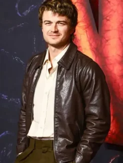 Close Up of Joe Keery Stranger Things S05 UK Special Screening Brown Leather Jacket