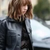 Close-Up of Maya Hawke Series Stranger Things Robin Buckley Black Leather Coat