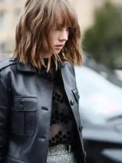 Close-Up of Maya Hawke Series Stranger Things Robin Buckley Black Leather Coat