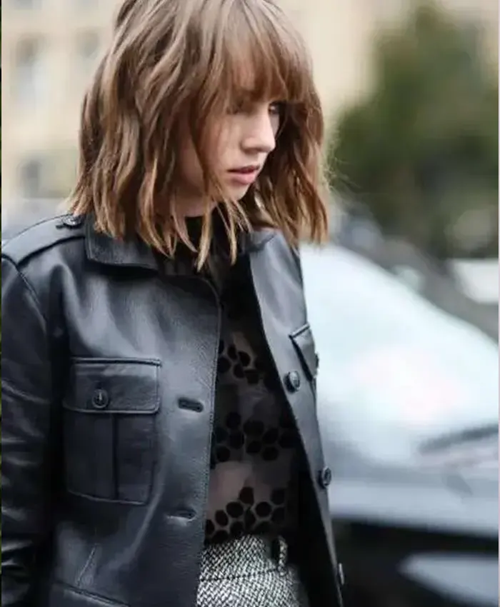 Close-Up of Maya Hawke Series Stranger Things Robin Buckley Black Leather Coat
