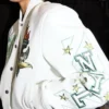 Close-Up of OFF White x WNBA New York Liberty White Leather Letterman Jacket