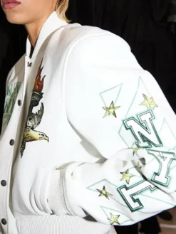 Close-Up of OFF White x WNBA New York Liberty White Leather Letterman Jacket
