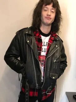 Close-Up of Series Stranger Things Eddie Munson Black Biker Leather Jacket