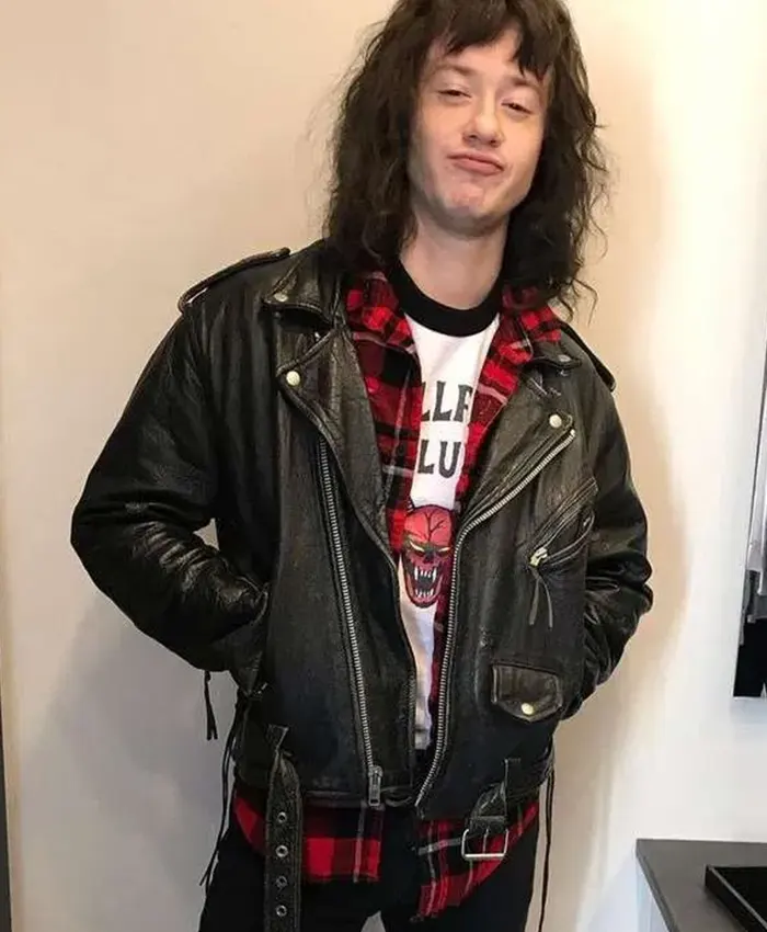 Close-Up of Series Stranger Things Eddie Munson Black Biker Leather Jacket