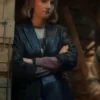 Close Up of Series Stranger Things S05 Robin Buckley Black Leather Coat