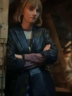 Close Up of Series Stranger Things S05 Robin Buckley Black Leather Coat