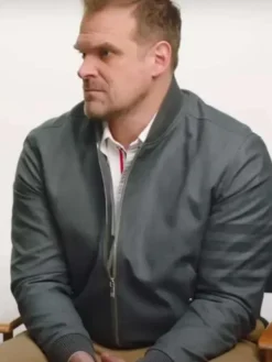 Close-Up of Stranger Things Season 04 David Harbour Grey Bomber Jacket