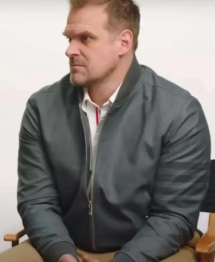 Close-Up of Stranger Things Season 04 David Harbour Grey Bomber Jacket