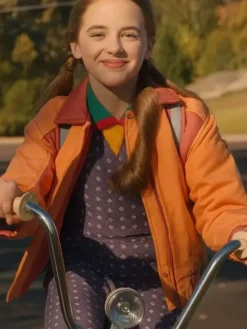 Close Up of TV-Series Stranger Things S05 Tinsley Price Orange Bomber Jacket