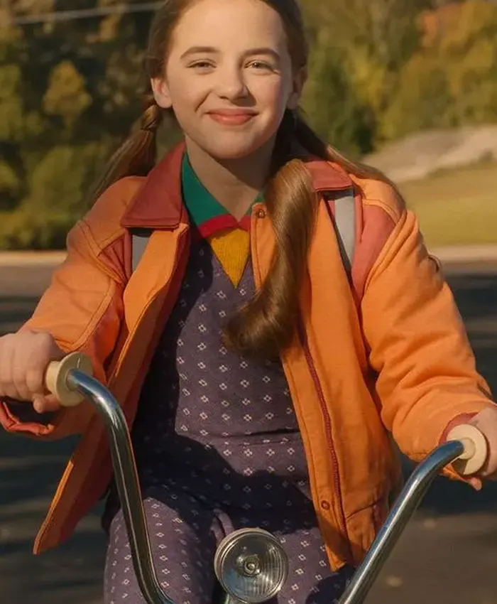 Close Up of TV-Series Stranger Things S05 Tinsley Price Orange Bomber Jacket