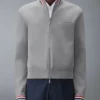 Close-Up of Thom Browne 65 Intarsia Grey Bomber Jacket Shop