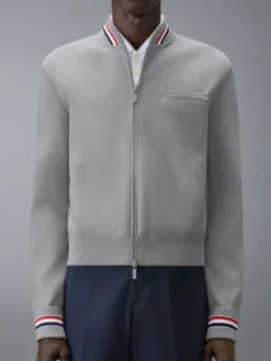Close-Up of Thom Browne 65 Intarsia Grey Bomber Jacket Shop
