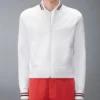 Close-Up of Thom Browne 65 Intarsia White Bomber Jacket