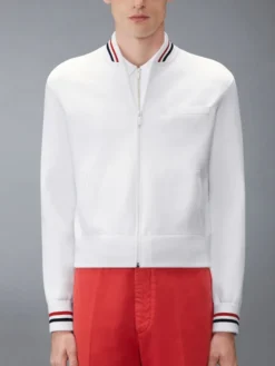 Close-Up of Thom Browne 65 Intarsia White Bomber Jacket