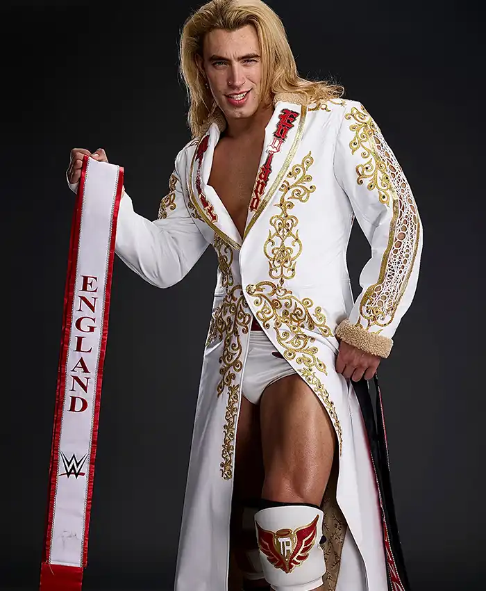 Close-Up of WWE Tristan Angels White And Gold Embellished Wrestling Coat