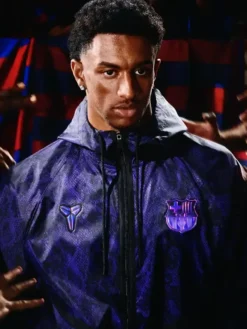Close-up of Alejandro Balde Nike FC Barcelona x Kobe Bryant 26-27 Away Purple Snakeskin Anthem Jacket