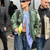 Close-up of Bella Hadid Balenciaga Show 2022 Green Bomber Jacket