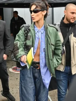 Close-up of Bella Hadid Balenciaga Show 2022 Green Bomber Jacket