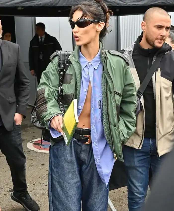 Close-up of Bella Hadid Balenciaga Show 2022 Green Bomber Jacket