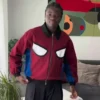 Close-up of Chris Wesly Spider-Man Red And Blue Fleece Bomber Jacket