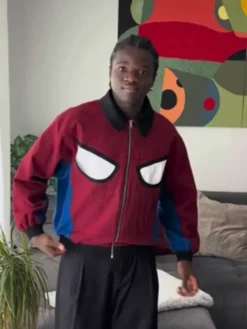 Close-up of Chris Wesly Spider-Man Red And Blue Fleece Bomber Jacket