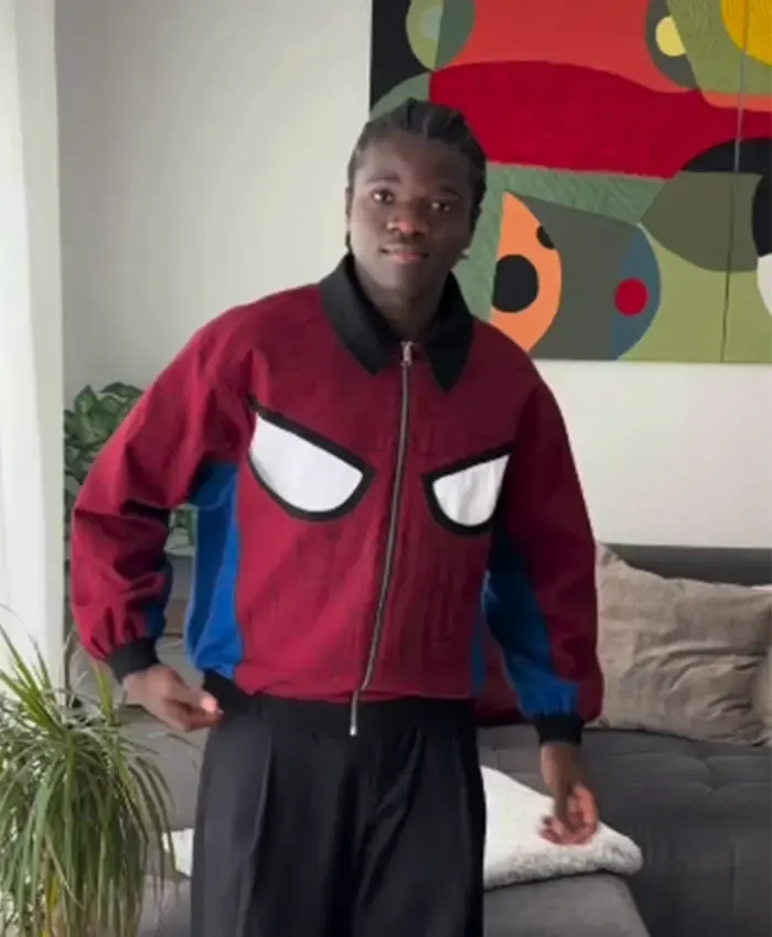 Close-up of Chris Wesly Spider-Man Red And Blue Fleece Bomber Jacket